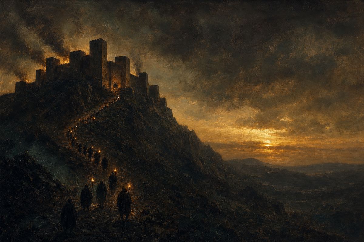 Burg auf einem Bergrücken in der Abenddämmerung, ein Fackelzug windet sich den Hang hinauf zum Tor
