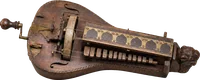 Drehleier mit lautenförmigem Korpus, Kurbel und Tastenkasten