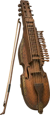 Nyckelharpa mit Tastenreihen entlang des Korpus und kurzem Bogen