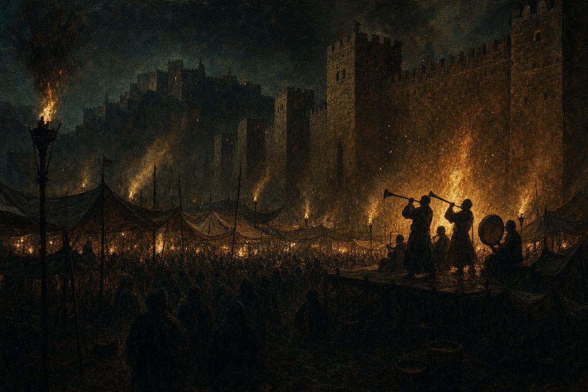 Nächtlicher Markt unterhalb einer Burgmauer, auf einer Bühne rechts die Silhouetten von Musikern mit Hörnern und Rahmentrommel