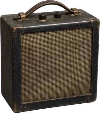 Kleiner Röhrengitarrenverstärker mit abgewetztem Stoffgitter, zwei Reglern und Ledergriff