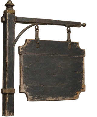 Handgemaltes hölzernes Marktschild ohne Aufschrift an einem kurzen Pfosten mit Eisenhalter
