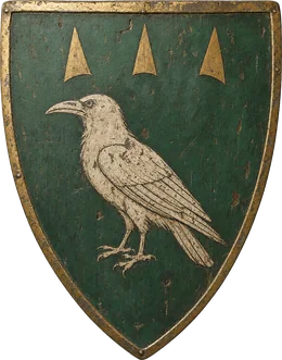 Wappenschild mit einem Raben im Profil auf grünem Grund