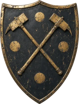 Wappenschild mit zwei gekreuzten Kriegshämmern auf schwarzem Grund