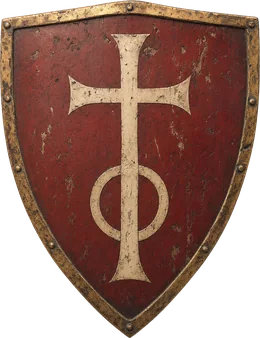 Wappenschild mit einem hellen Kreuz auf dunkelrotem Grund